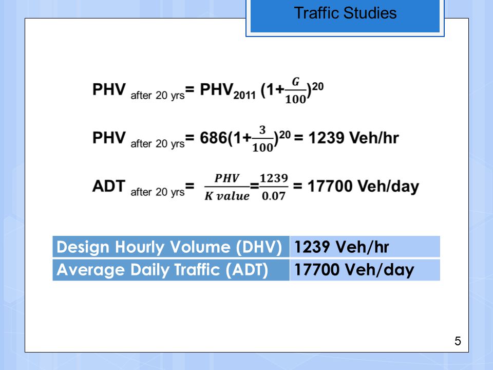 Design Hourly Volume (DHV)1239 Veh/hr Average Daily Traffic (ADT)17700 Veh/day Traffic Studies 5