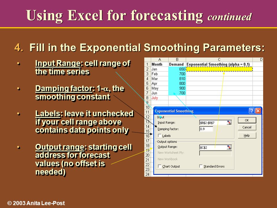 © 2003 Anita Lee-Post Using Excel for forecasting continued Input Range: cell range of the time seriesInput Range: cell range of the time series Damping factor: 1-  the smoothing constantDamping factor: 1-  the smoothing constant Labels: leave it unchecked if your cell range above contains data points onlyLabels: leave it unchecked if your cell range above contains data points only Output range: starting cell address for forecast values (no offset is needed)Output range: starting cell address for forecast values (no offset is needed) Input Range: cell range of the time seriesInput Range: cell range of the time series Damping factor: 1-  the smoothing constantDamping factor: 1-  the smoothing constant Labels: leave it unchecked if your cell range above contains data points onlyLabels: leave it unchecked if your cell range above contains data points only Output range: starting cell address for forecast values (no offset is needed)Output range: starting cell address for forecast values (no offset is needed) 4.