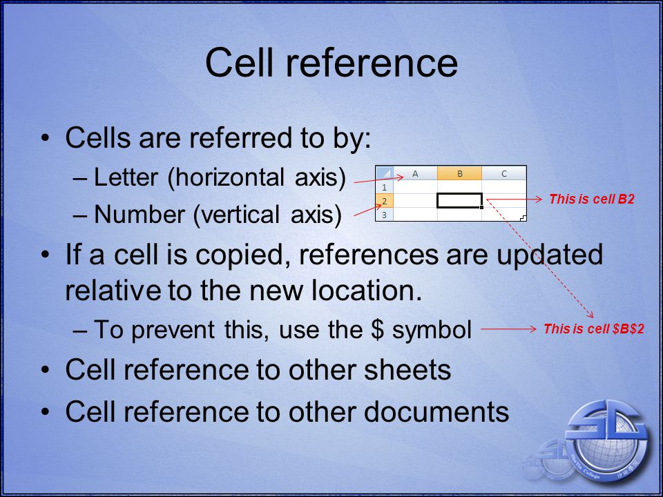 Cells are referred to by: –Letter (horizontal axis) –Number (vertical axis) If a cell is copied, references are updated relative to the new location.