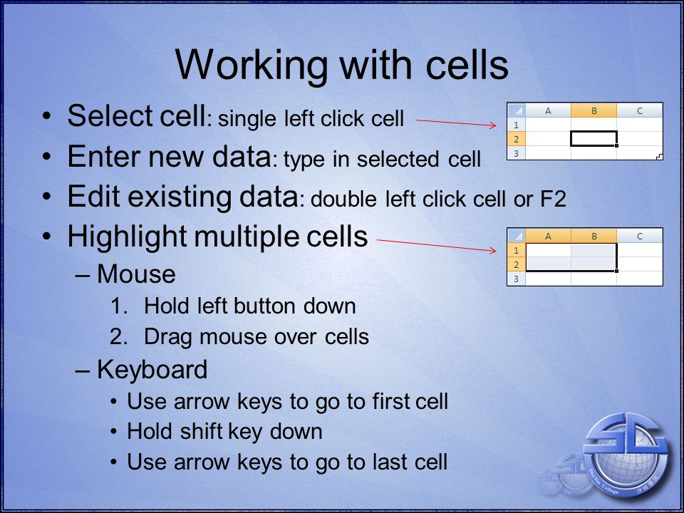 Working with cells Select cell : single left click cell Enter new data : type in selected cell Edit existing data : double left click cell or F2 Highlight multiple cells –Mouse 1.Hold left button down 2.Drag mouse over cells –Keyboard Use arrow keys to go to first cell Hold shift key down Use arrow keys to go to last cell