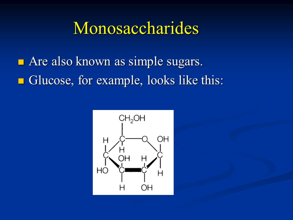 Monosaccharides Are also known as simple sugars. Are also known as simple sugars.