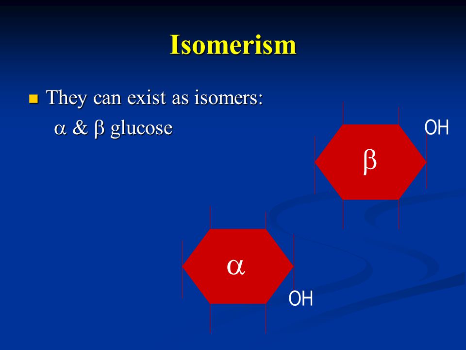 Isomerism They can exist as isomers: They can exist as isomers:  &  glucose  &  glucose OH  