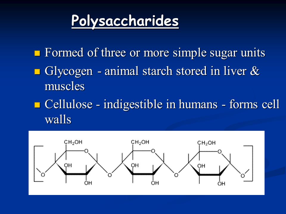Polysaccharides Formed of three or more simple sugar units Formed of three or more simple sugar units Glycogen - animal starch stored in liver & muscles Glycogen - animal starch stored in liver & muscles Cellulose - indigestible in humans - forms cell walls Cellulose - indigestible in humans - forms cell walls Starches - used as energy storage Starches - used as energy storage