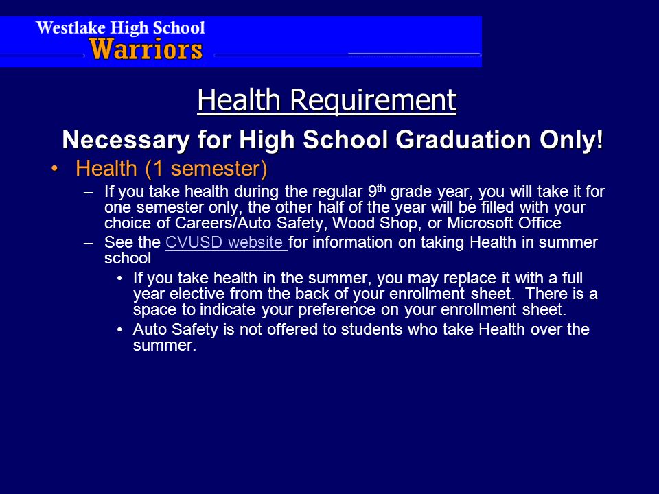 Health Requirement Necessary for High School Graduation Only.