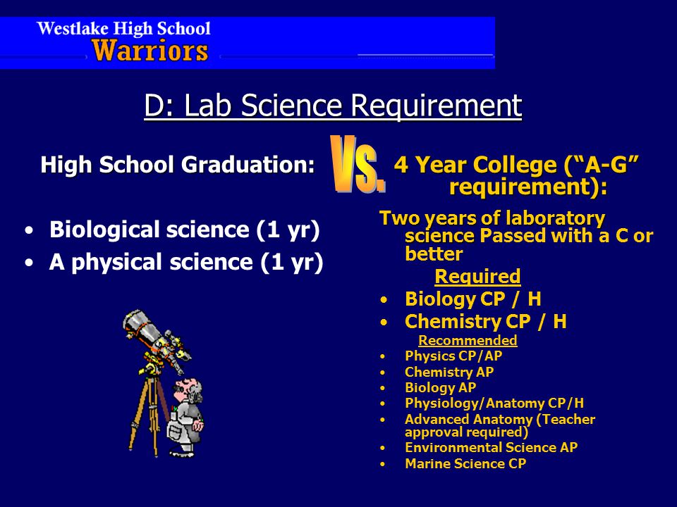 D: Lab Science Requirement High School Graduation: Biological science (1 yr) A physical science (1 yr) 4 Year College ( A-G requirement): Two years of laboratory science Two years of laboratory science Passed with a C or better Required Biology CP / H Chemistry CP / H Recommended Physics CP/AP Chemistry AP Biology AP Physiology/Anatomy CP/H Advanced Anatomy (Teacher approval required) Environmental Science AP Marine Science CP