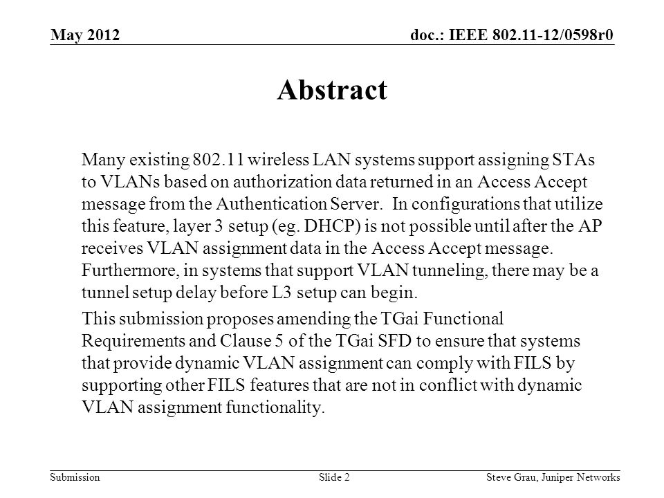 doc.: IEEE /0598r0 Submission Abstract Many existing wireless LAN systems support assigning STAs to VLANs based on authorization data returned in an Access Accept message from the Authentication Server.