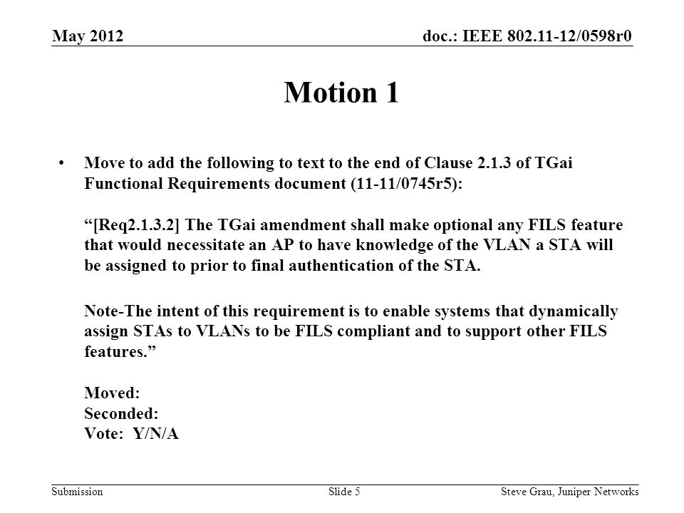 doc.: IEEE /0598r0 Submission Motion 1 Move to add the following to text to the end of Clause of TGai Functional Requirements document (11-11/0745r5): [Req ] The TGai amendment shall make optional any FILS feature that would necessitate an AP to have knowledge of the VLAN a STA will be assigned to prior to final authentication of the STA.