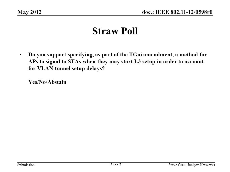 doc.: IEEE /0598r0 Submission Straw Poll Do you support specifying, as part of the TGai amendment, a method for APs to signal to STAs when they may start L3 setup in order to account for VLAN tunnel setup delays.