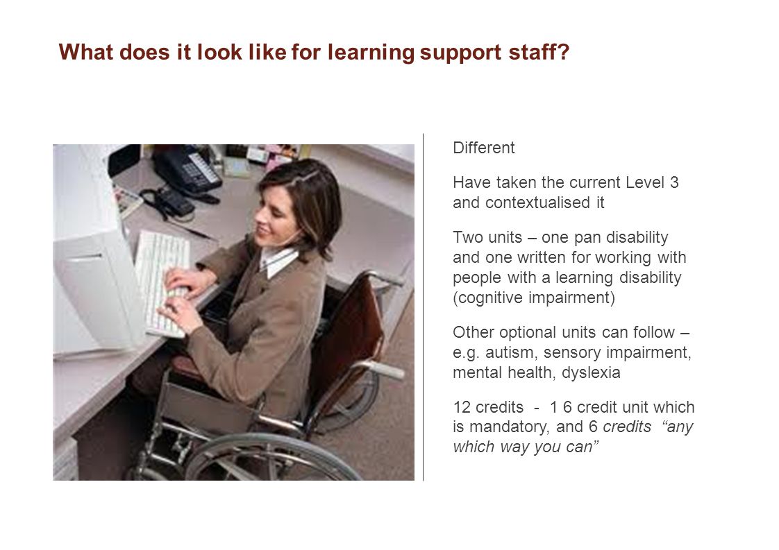 Different Have taken the current Level 3 and contextualised it Two units – one pan disability and one written for working with people with a learning disability (cognitive impairment) Other optional units can follow – e.g.