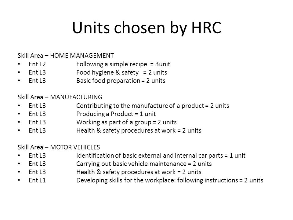 Units chosen by HRC Skill Area – HOME MANAGEMENT Ent L2 Following a simple recipe = 3unit Ent L3Food hygiene & safety = 2 units Ent L3Basic food preparation = 2 units Skill Area – MANUFACTURING Ent L3Contributing to the manufacture of a product = 2 units Ent L3Producing a Product = 1 unit Ent L3Working as part of a group = 2 units Ent L3Health & safety procedures at work = 2 units Skill Area – MOTOR VEHICLES Ent L3Identification of basic external and internal car parts = 1 unit Ent L3Carrying out basic vehicle maintenance = 2 units Ent L3Health & safety procedures at work = 2 units Ent L1Developing skills for the workplace: following instructions = 2 units