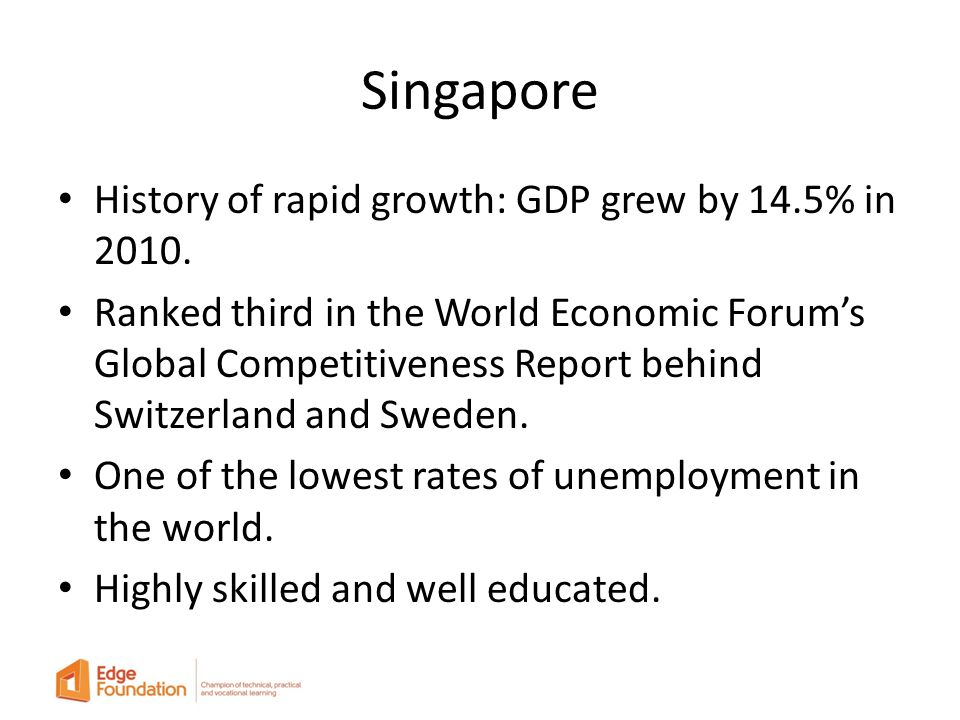 Singapore History of rapid growth: GDP grew by 14.5% in 2010.