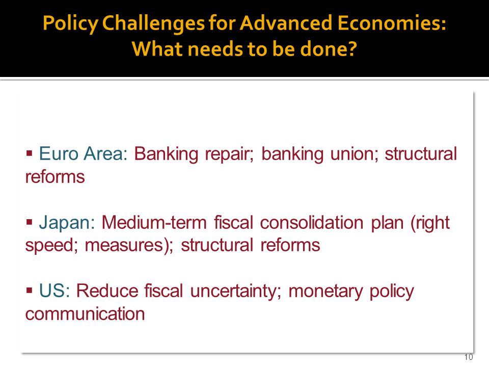  Euro Area: Banking repair; banking union; structural reforms  Japan: Medium-term fiscal consolidation plan (right speed; measures); structural reforms  US: Reduce fiscal uncertainty; monetary policy communication  Euro Area: Banking repair; banking union; structural reforms  Japan: Medium-term fiscal consolidation plan (right speed; measures); structural reforms  US: Reduce fiscal uncertainty; monetary policy communication Policy Challenges for Advanced Economies: What needs to be done.
