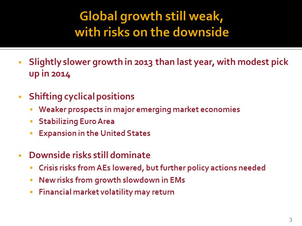  Slightly slower growth in 2013 than last year, with modest pick up in 2014  Shifting cyclical positions  Weaker prospects in major emerging market economies  Stabilizing Euro Area  Expansion in the United States  Downside risks still dominate  Crisis risks from AEs lowered, but further policy actions needed  New risks from growth slowdown in EMs  Financial market volatility may return 3