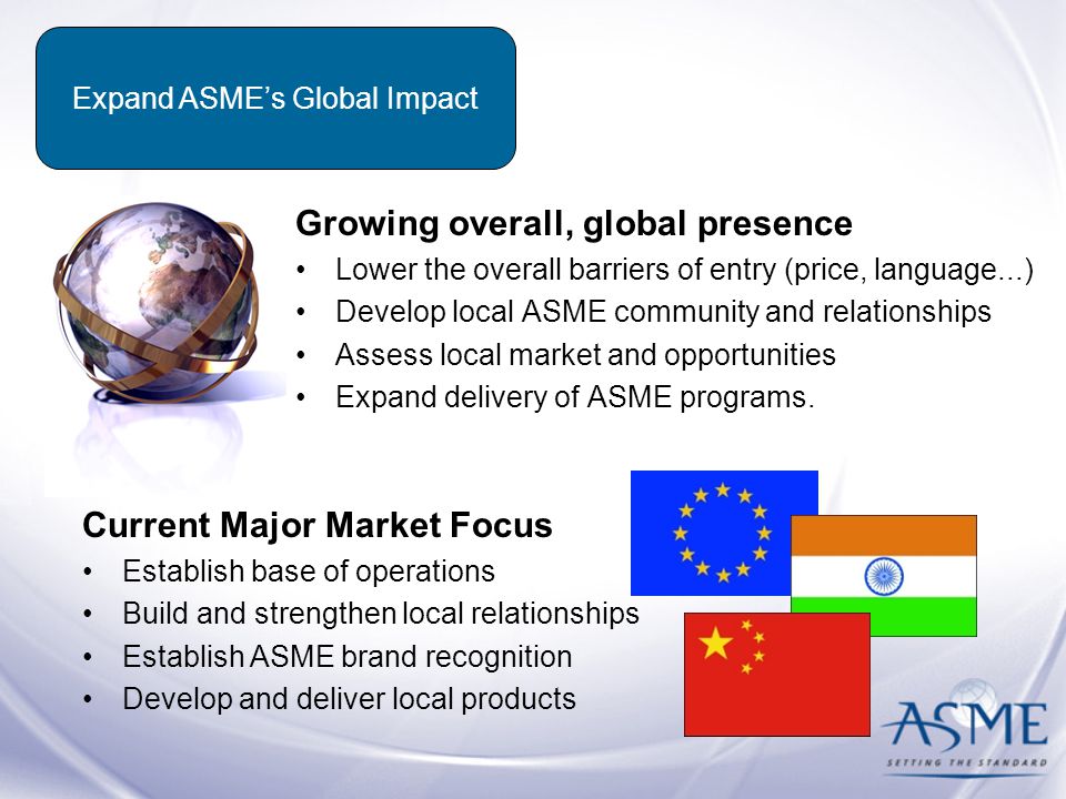 Current Major Market Focus Establish base of operations Build and strengthen local relationships Establish ASME brand recognition Develop and deliver local products Expand ASME’s Global Impact Growing overall, global presence Lower the overall barriers of entry (price, language...) Develop local ASME community and relationships Assess local market and opportunities Expand delivery of ASME programs.