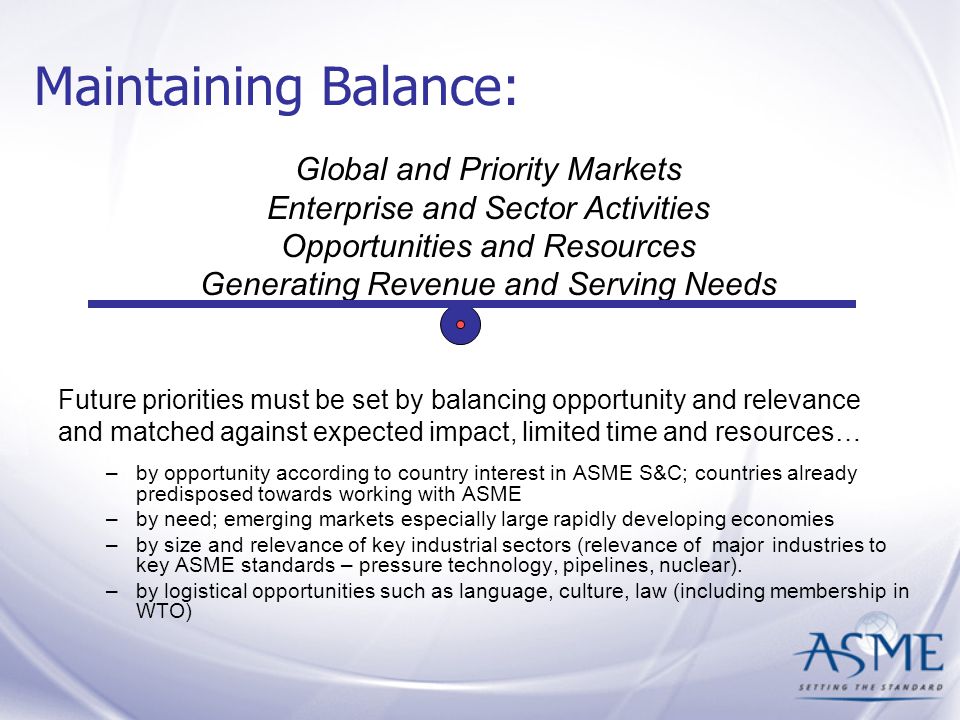 Maintaining Balance: Future priorities must be set by balancing opportunity and relevance and matched against expected impact, limited time and resources… –by opportunity according to country interest in ASME S&C; countries already predisposed towards working with ASME –by need; emerging markets especially large rapidly developing economies –by size and relevance of key industrial sectors (relevance of major industries to key ASME standards – pressure technology, pipelines, nuclear).