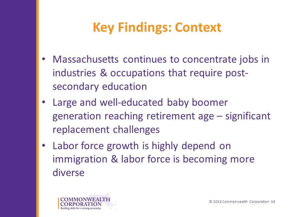 © 2013 Commonwealth Corporation 16 Key Findings: Context Massachusetts continues to concentrate jobs in industries & occupations that require post- secondary education Large and well-educated baby boomer generation reaching retirement age – significant replacement challenges Labor force growth is highly depend on immigration & labor force is becoming more diverse