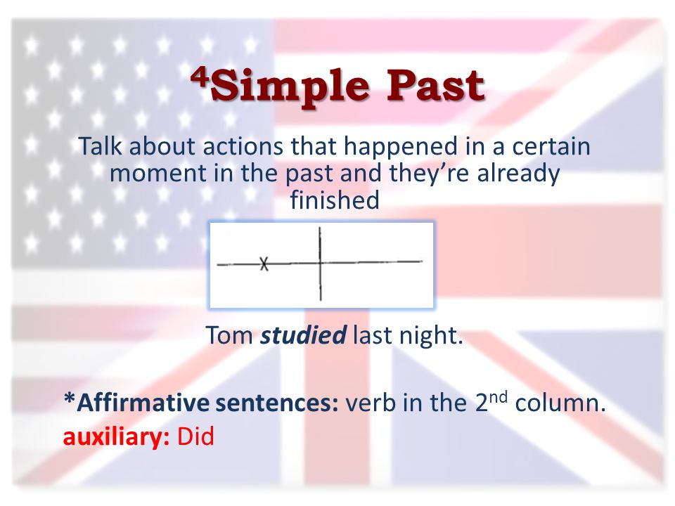 4 Simple Past Talk about actions that happened in a certain moment in the past and they’re already finished Tom studied last night.