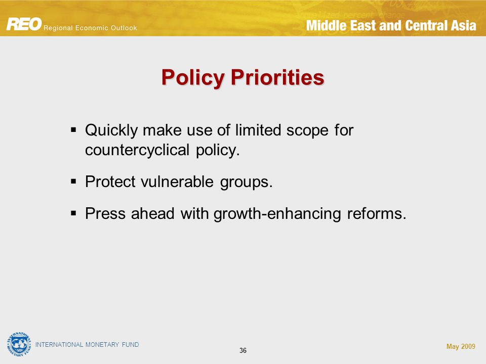 INTERNATIONAL MONETARY FUND May Policy Priorities  Quickly make use of limited scope for countercyclical policy.
