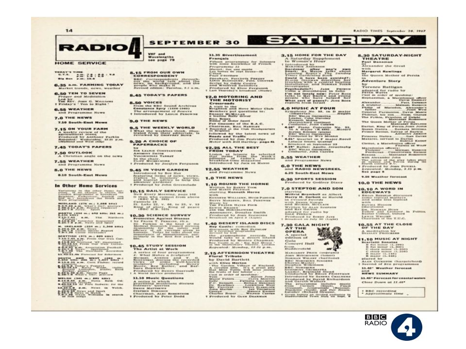 BBC Radio 4. Radio Schedule 30 th September 1967 Times. - ppt download