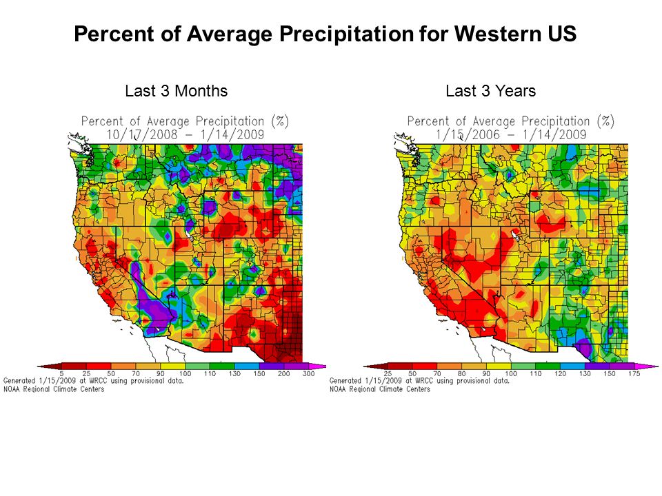 Percent of Average Precipitation for Western US Last 3 MonthsLast 3 Years