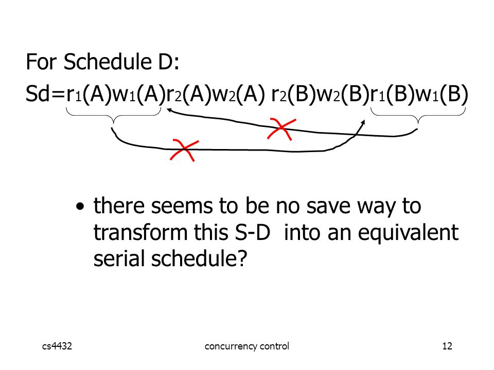 cs4432concurrency control12 For Schedule D: Sd=r 1 (A)w 1 (A)r 2 (A)w 2 (A) r 2 (B)w 2 (B)r 1 (B)w 1 (B) there seems to be no save way to transform this S-D into an equivalent serial schedule