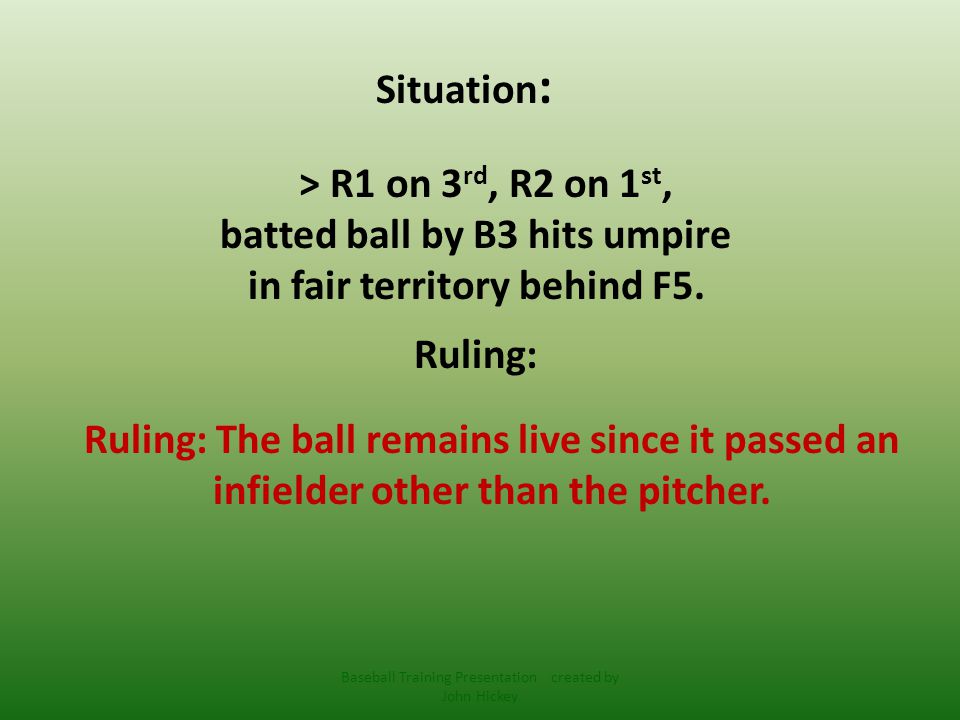 Situation : > R1 on 3 rd, R2 on 1 st, batted ball by B3 hits umpire in fair territory behind F5.