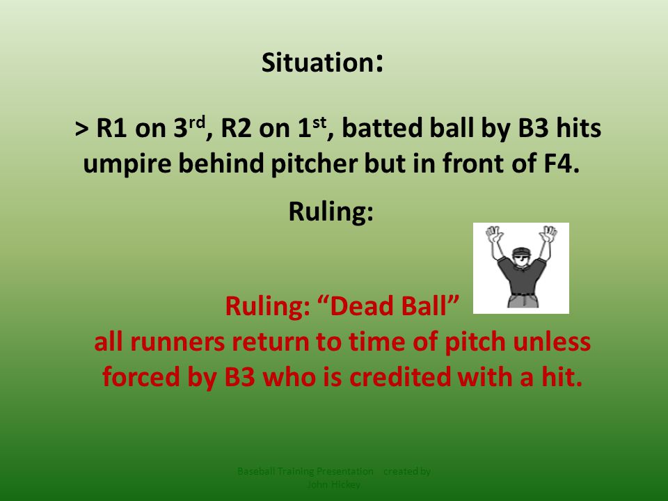 Situation : > R1 on 3 rd, R2 on 1 st, batted ball by B3 hits umpire behind pitcher but in front of F4.