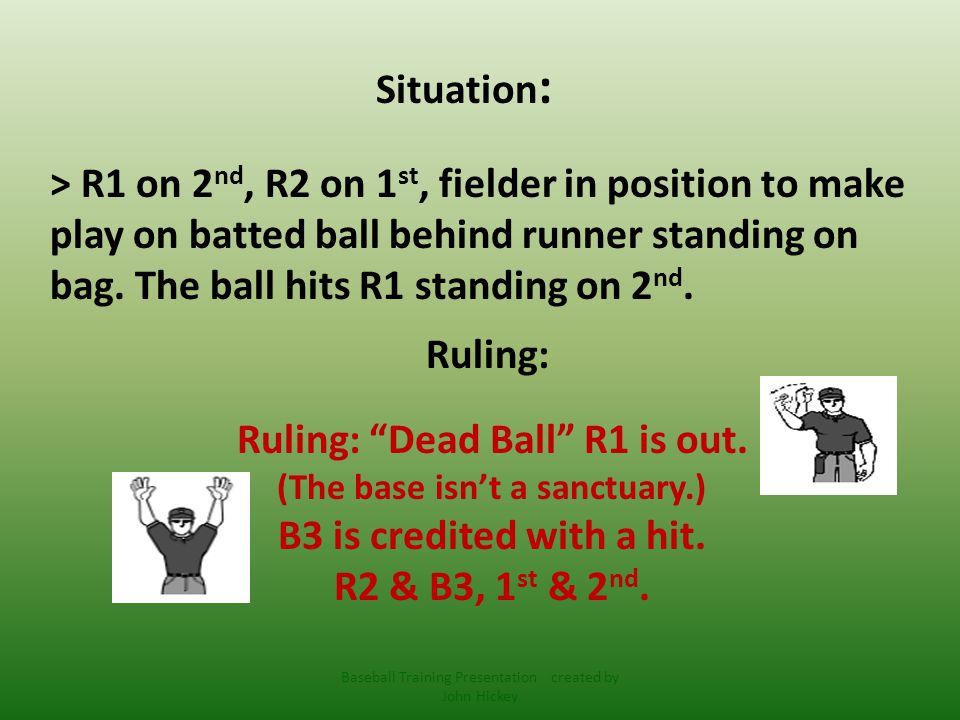 Situation : > R1 on 2 nd, R2 on 1 st, fielder in position to make play on batted ball behind runner standing on bag.