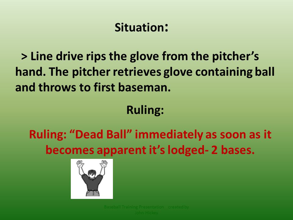 Situation : > Line drive rips the glove from the pitcher’s hand.