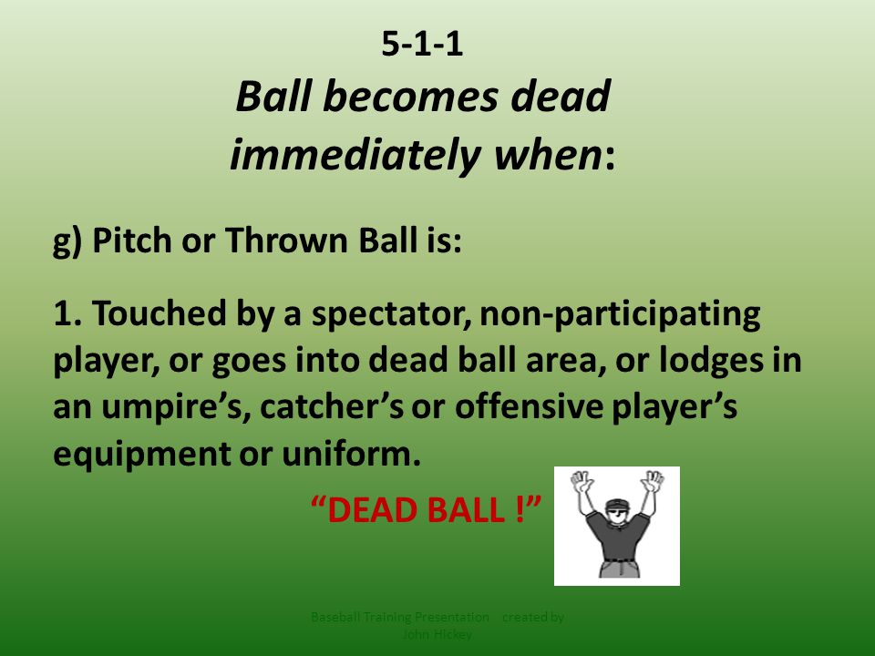 5-1-1 Ball becomes dead immediately when: g) Pitch or Thrown Ball is: 1.
