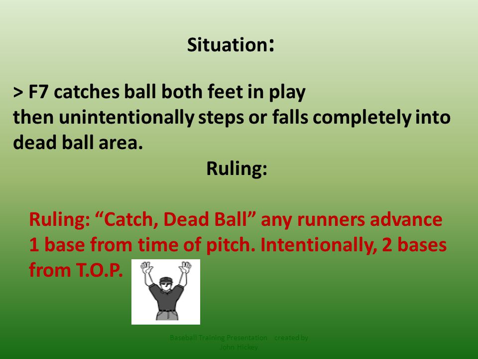 Situation : > F7 catches ball both feet in play then unintentionally steps or falls completely into dead ball area.