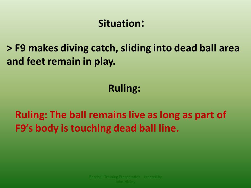 Situation : > F9 makes diving catch, sliding into dead ball area and feet remain in play.