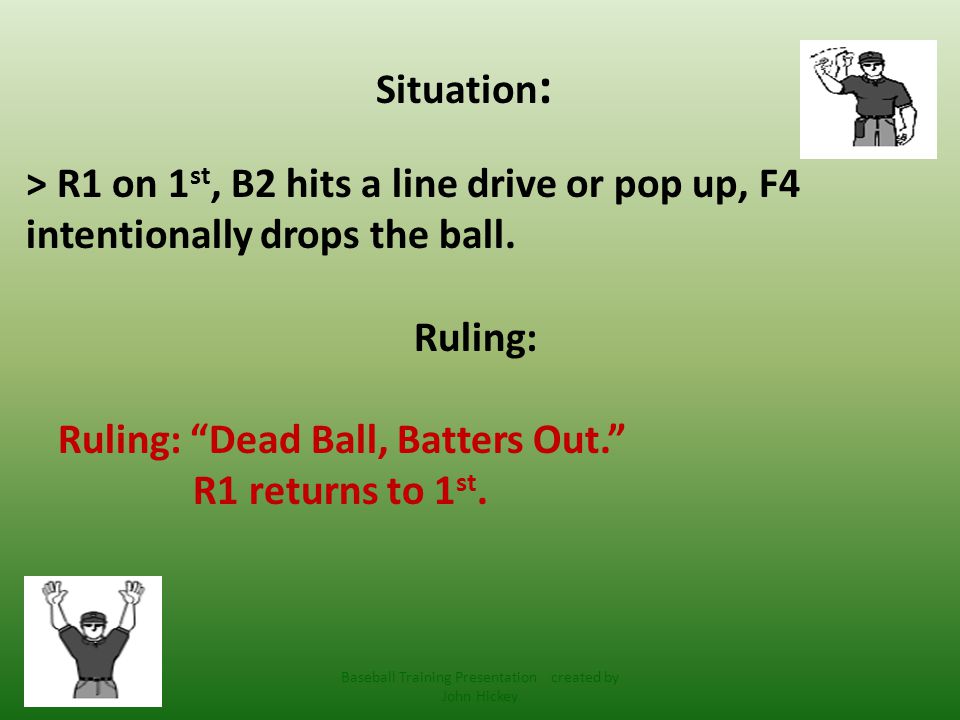 Situation : > R1 on 1 st, B2 hits a line drive or pop up, F4 intentionally drops the ball.