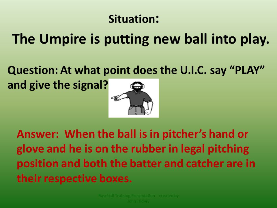 Situation : The Umpire is putting new ball into play.