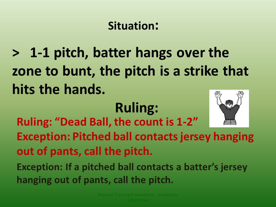 Situation : Ruling: Dead Ball, the count is 1-2 Exception: Pitched ball contacts jersey hanging out of pants, call the pitch.
