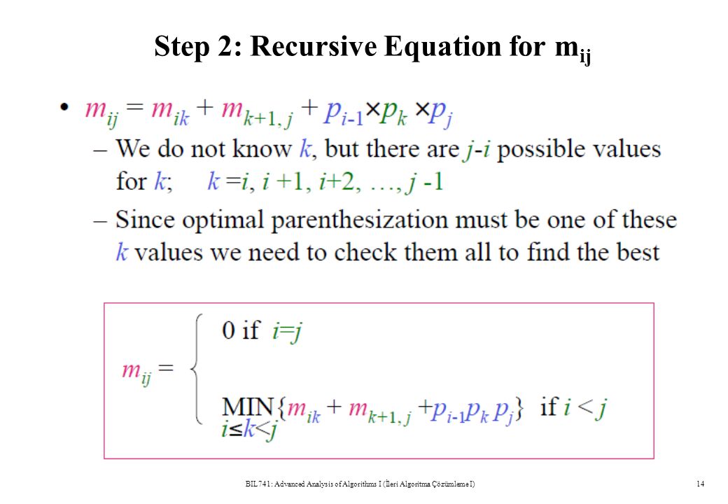 Step 2: Recursive Equation for m ij BIL741: Advanced Analysis of Algorithms I (İleri Algoritma Çözümleme I)14