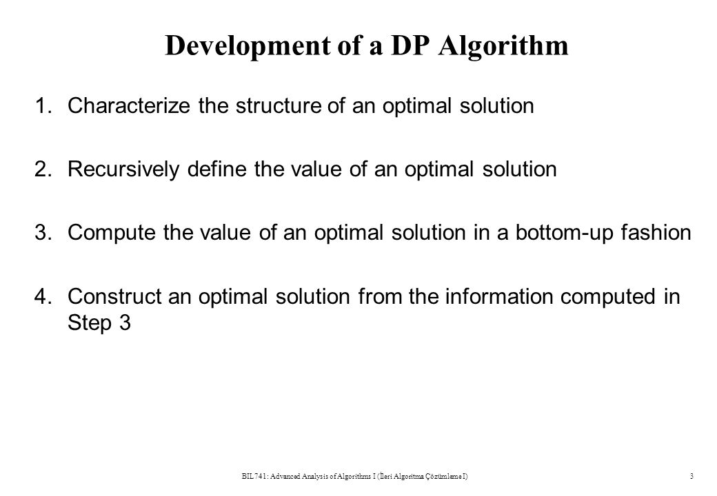 Development of a DP Algorithm 1. Characterize the structure of an optimal solution 2.