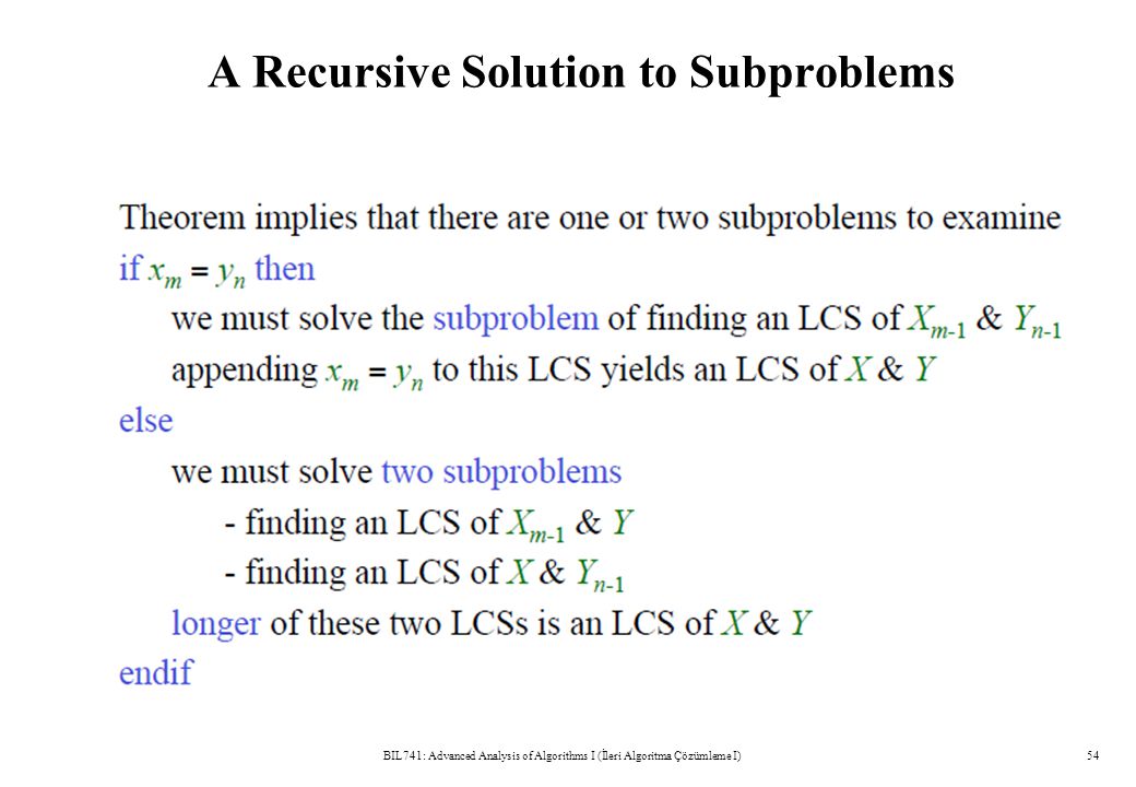 A Recursive Solution to Subproblems BIL741: Advanced Analysis of Algorithms I (İleri Algoritma Çözümleme I)54