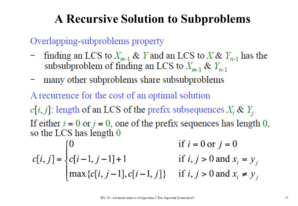A Recursive Solution to Subproblems BIL741: Advanced Analysis of Algorithms I (İleri Algoritma Çözümleme I)55