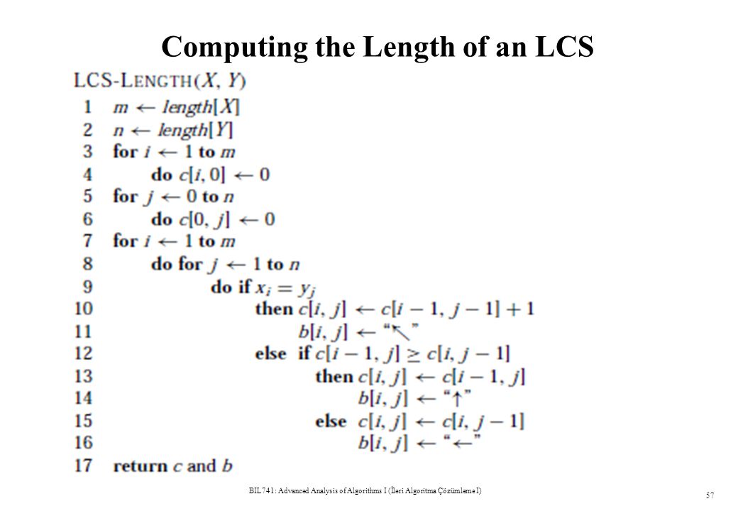 Computing the Length of an LCS BIL741: Advanced Analysis of Algorithms I (İleri Algoritma Çözümleme I) 57