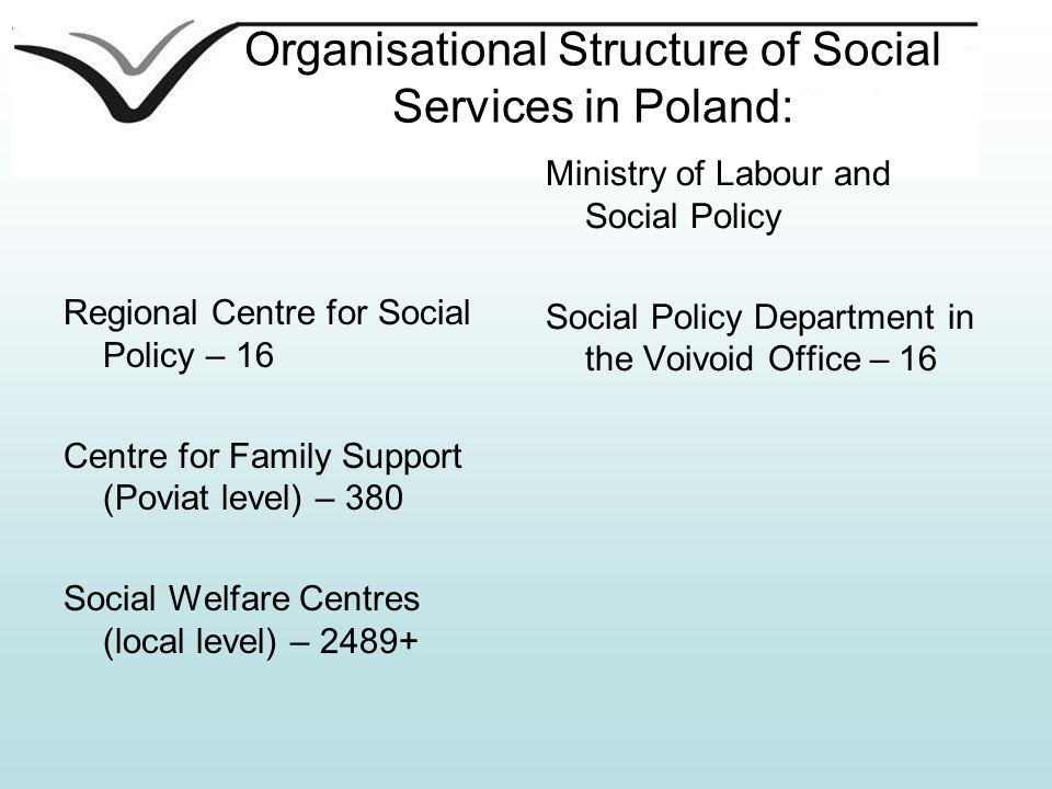 Organisational Structure of Social Services in Poland: Regional Centre for Social Policy – 16 Centre for Family Support (Poviat level) – 380 Social Welfare Centres (local level) – Ministry of Labour and Social Policy Social Policy Department in the Voivoid Office – 16