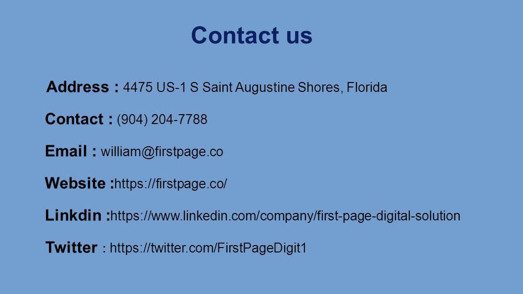 Address : 4475 US-1 S Saint Augustine Shores, Florida Contact : (904) Website :   Linkdin :   Twitter :   Contact us