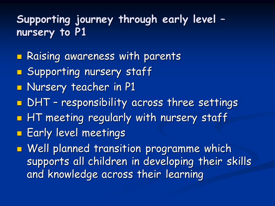 Supporting journey through early level – nursery to P1 Raising awareness with parents Raising awareness with parents Supporting nursery staff Supporting nursery staff Nursery teacher in P1 Nursery teacher in P1 DHT – responsibility across three settings DHT – responsibility across three settings HT meeting regularly with nursery staff HT meeting regularly with nursery staff Early level meetings Early level meetings Well planned transition programme which supports all children in developing their skills and knowledge across their learning Well planned transition programme which supports all children in developing their skills and knowledge across their learning