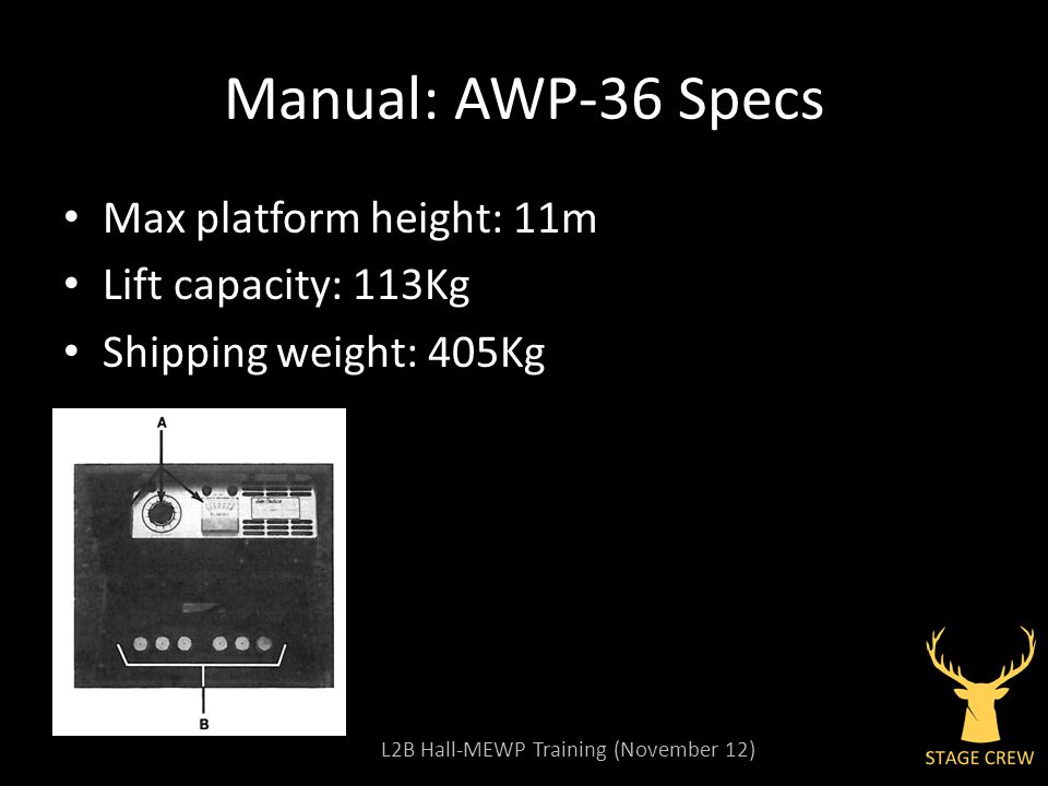 L2B Hall-MEWP Training (November 12) Manual: AWP-36 Specs Max platform height: 11m Lift capacity: 113Kg Shipping weight: 405Kg