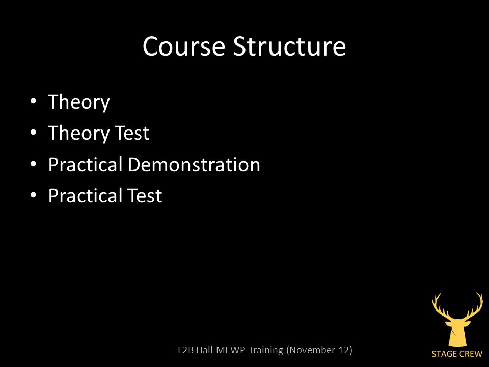L2B Hall-MEWP Training (November 12) Course Structure Theory Theory Test Practical Demonstration Practical Test