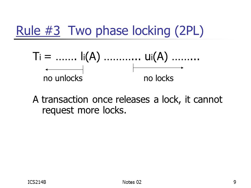 ICS214BNotes 029 Rule #3 Two phase locking (2PL) T i = …….