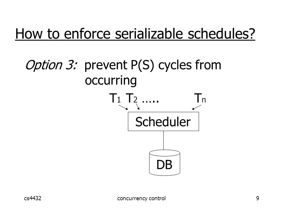 cs4432concurrency control9 Option 3: prevent P(S) cycles from occurring T 1 T 2 …..T n Scheduler DB How to enforce serializable schedules