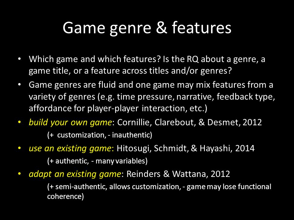 Game genre & features Which game and which features.