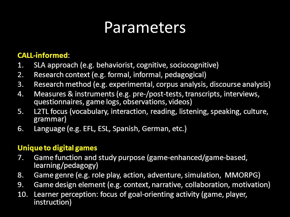 Parameters CALL-informed: 1.SLA approach (e.g.