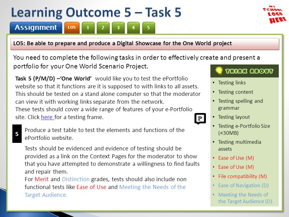 1 Assignment 2 LO5 345 LO5: Be able to prepare and produce a Digital Showcase for the One World project You need to complete the following tasks in order to effectively create and present a portfolio for your One World Scenario Project.